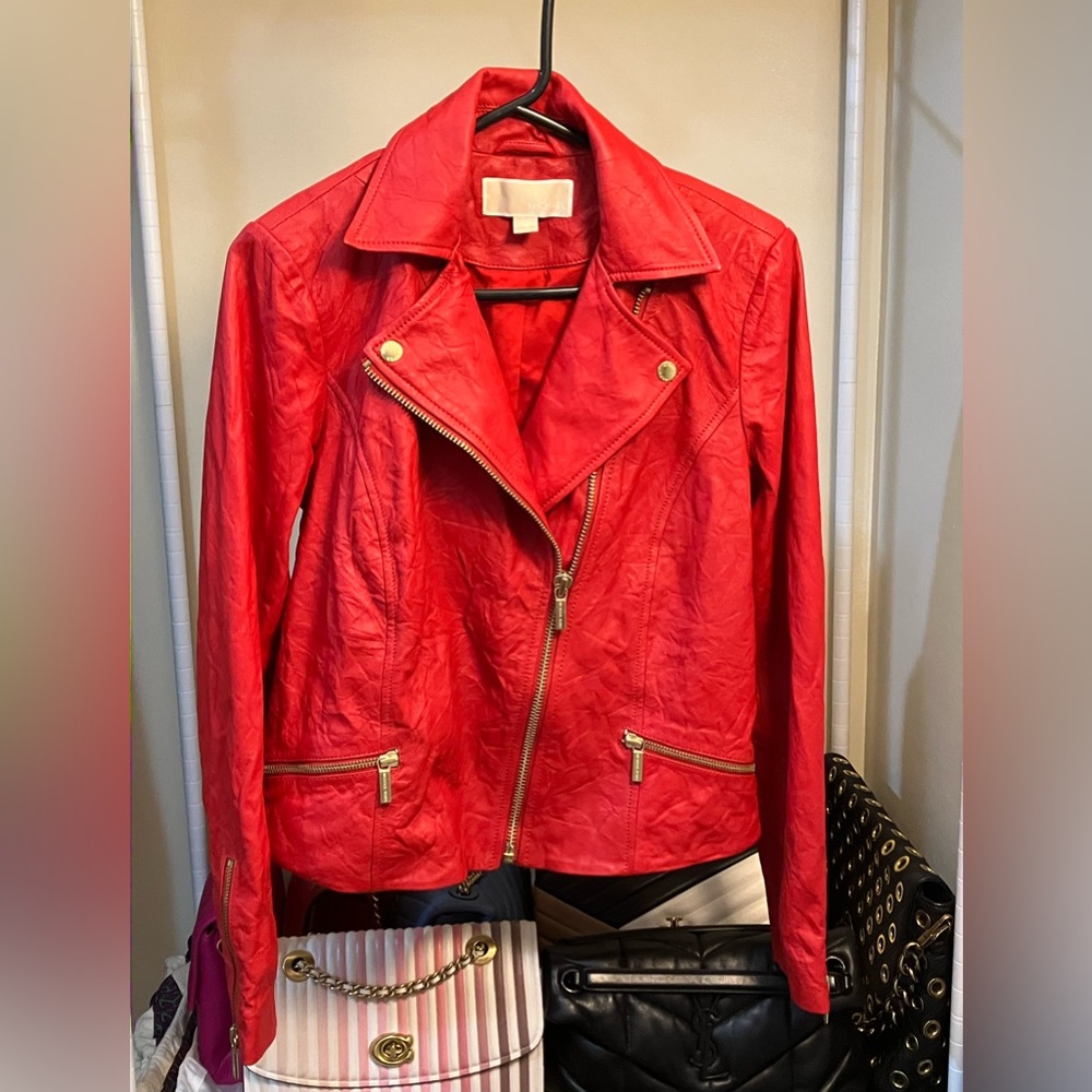 Michael Kors 100% Lamb Crinkled Leather Moto Jacket Scarlet Red Size M